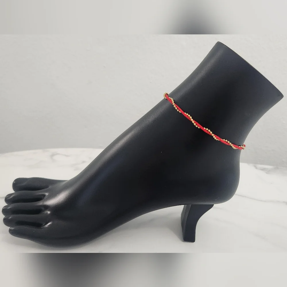 Red Rope String & Gold Beaded Twisted Anklet - Picture 3 of 13